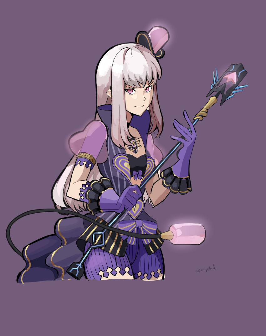 absurdres adapted_weapon black_bra bra chest_jewel commentary cosplay cowboy_shot english_commentary female fire_emblem fire_emblem:_three_houses gloves hat highres holding holding_staff long_hair looking_at_viewer lysithea_von_ordelia mini_hat mini_top_hat open_clothes pandoria_(xenoblade) pandoria_(xenoblade)_(cosplay) pink_eyes puffy_short_sleeves puffy_sleeves purple_background purple_gloves purple_shorts saiykik short_sleeves shorts smile solo staff tail top_hat underwear white_hair xenoblade_chronicles_(series) xenoblade_chronicles_2