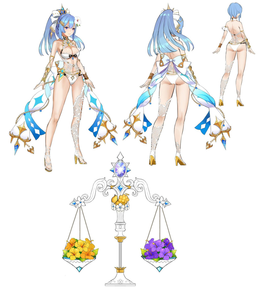 alternate_costume alternate_hairstyle ass balance_scale bare_shoulders beads bikini blue_hair breasts collarbone female flower frigg_(valkyrie_connect) full_body hair_flower hair_ornament hibiscus high_heels highres kneepits knees multiple_views navel official_art orange_flower ponytail purple_eyes purple_flower reference_sheet sandals swimsuit valkyrie_connect weighing_scale white_background white_bikini white_flower