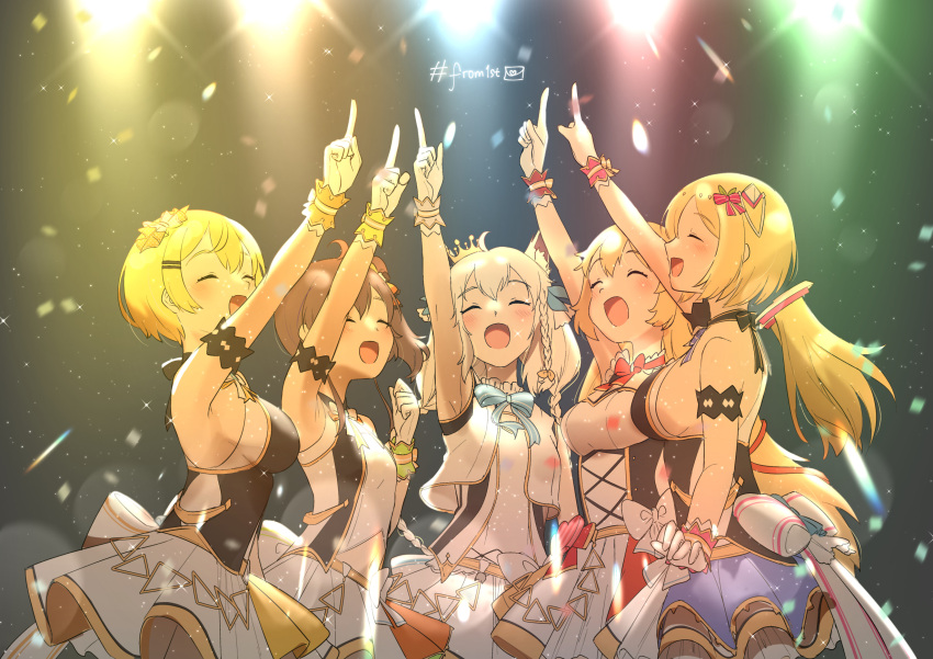 1st_generation_(hololive) 5girls akai_haato aki_rosenthal animal_ears armpits bare_shoulders blonde_hair blush bow bowtie braid breasts brown_hair clenched_hand closed_eyes commentary_request confetti crown detached_hair fox_ears fox_girl gloves hair_ornament hair_ribbon happy hashtag highres hololive hololive_idol_uniform large_breasts light long_hair multiple_girls natsuiro_matsuri official_alternate_costume open_mouth pointing pointing_up ribbon shirakami_fubuki sideboob skirt smile virtual_youtuber white_gloves white_hair yozora_mel yuikannon