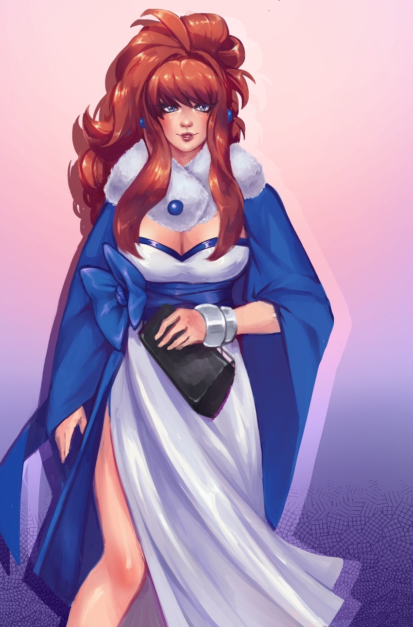 alternate_costume alternate_hairstyle bag big_hair bliss_barson blue_bow blue_eyes bow bracelet breasts brown_hair cleavage cryamore earrings eyeshadow female gift_art handbag highres japanese_clothes jewelry kimono large_breasts lips lokii long_hair looking_at_viewer makeup mole mole_under_eye sash side_slit solo updo very_long_hair yukata