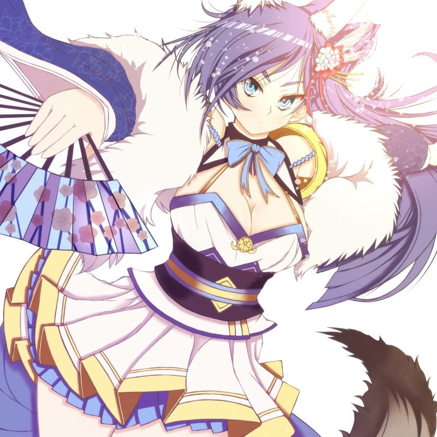 animal_ear_fluff azur_lane blue_eyes breasts cleavage cleavage_cutout clothing_cutout dress female folding_fan hand_fan highres holding holding_fan jintsuu_(azur_lane) kiyo_(a_sam_ko) large_breasts layered_dress long_hair looking_at_viewer purple_hair short_dress simple_background tail white_background white_dress wide_sleeves