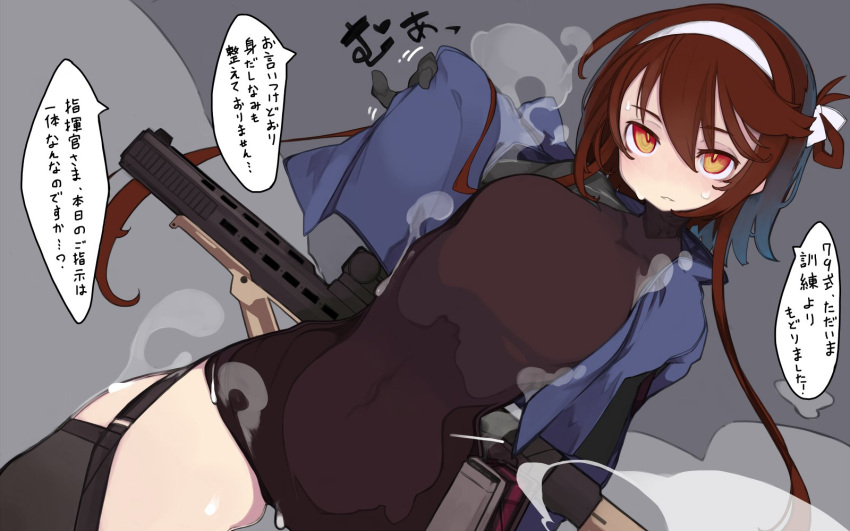 black_gloves black_legwear black_leotard blue_jacket blush breasts brown_hair commentary_request female garter_straps girls'_frontline gloves gun hair_between_eyes hairband highres jacket kimura_akiyoshi leotard medium_breasts open_clothes open_jacket orange_eyes parted_lips short_hair_with_long_locks simple_background speech_bubble steam sweat thighhighs translation_request type_79_(girls'_frontline) type_79_smg weapon white_hairband