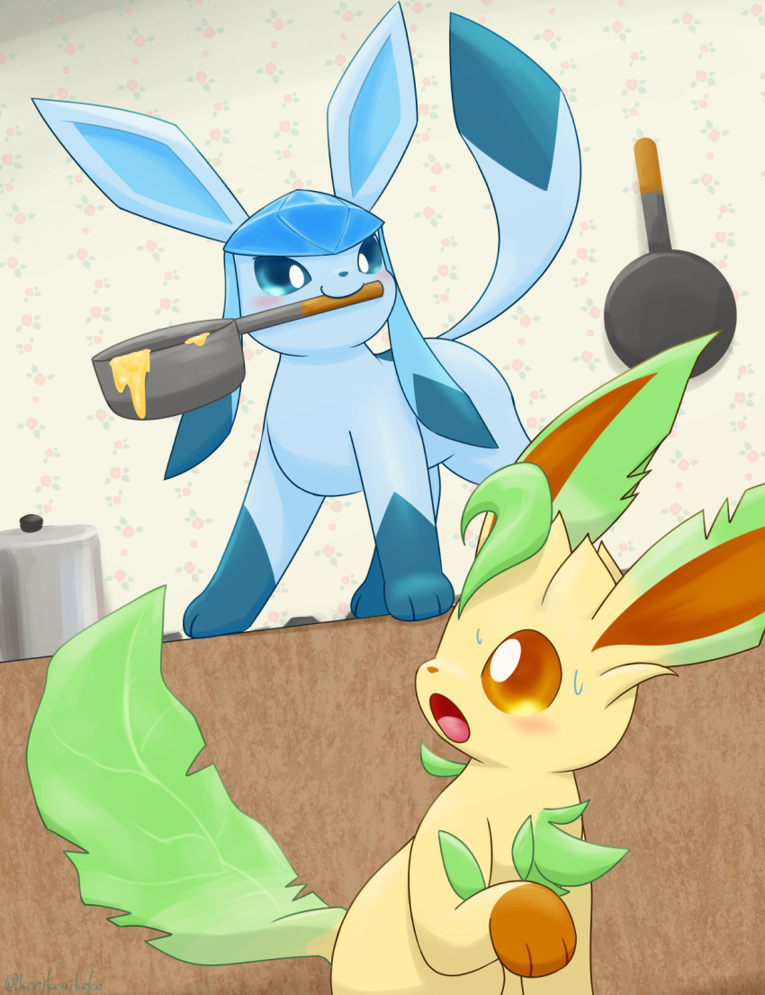 ambiguous_gender blush bodily_fluids cookware duo eeveelution feral food generation_4_pokemon glaceon hi_res kenikenikeke kitchen kitchen_utensils leafeon nintendo open_mouth pokemon pokemon_(species) scared smile sweat tools