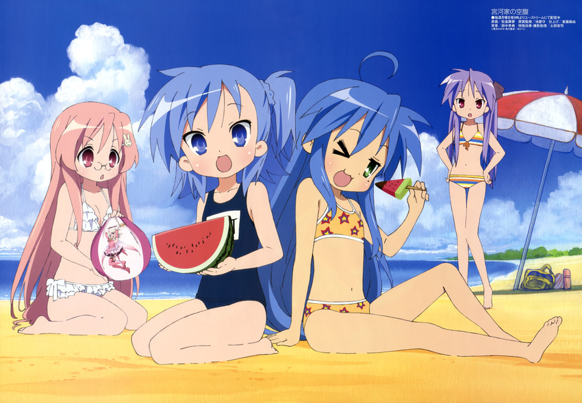 bikini hiiragi_kagami izumi_konata lucky_star matsushima_maimu megane miyakawa-ke_no_kuufuku miyakawa_hikage miyakawa_hinata school_swimsuit swimsuits