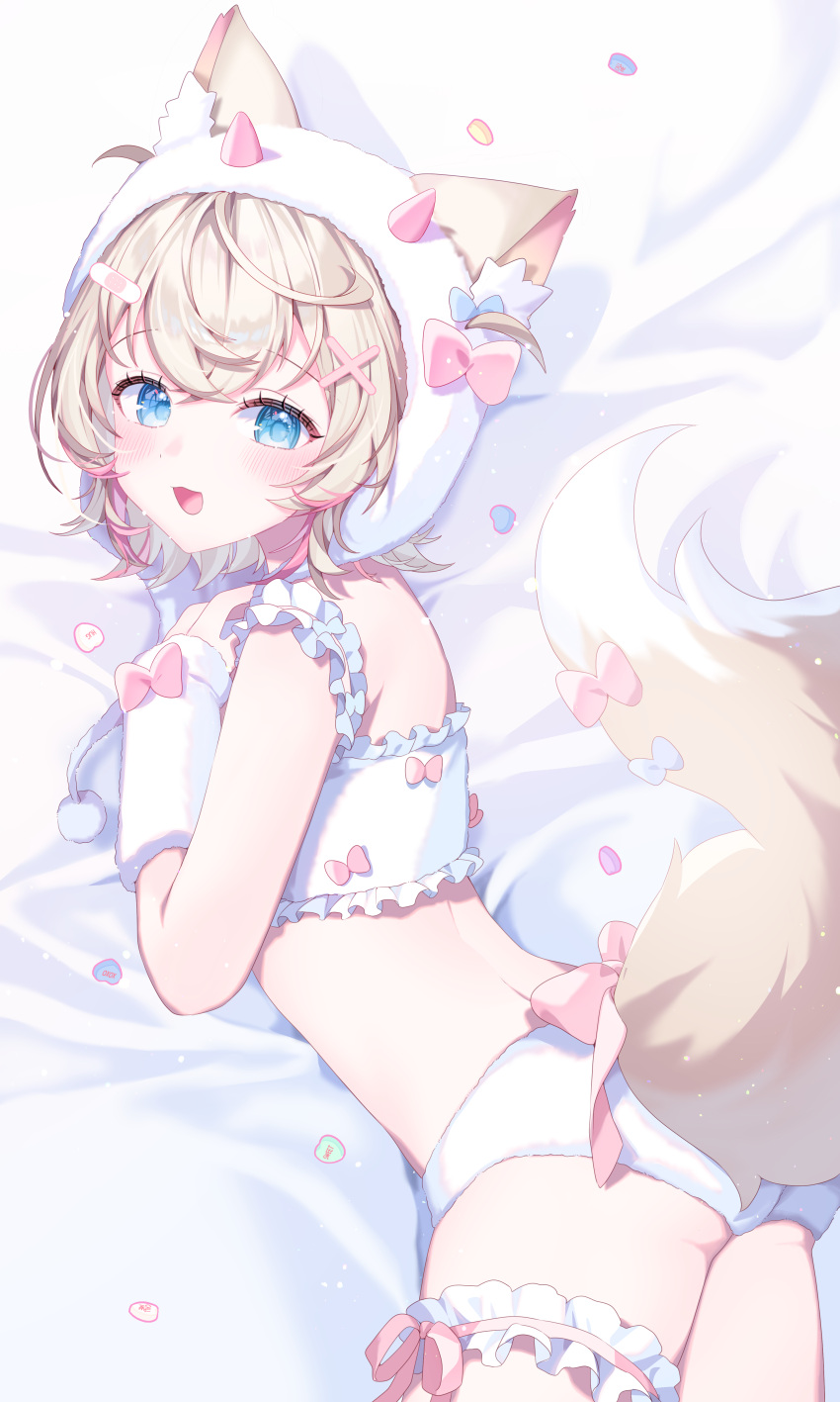 :3 :d absurdres alternate_costume animal_ear_fluff animal_ears arm_warmers ass back_bow bandaid bandaid_hair_ornament bed_sheet blonde_hair blue_eyes blush bow bra commentary_request crossed_bangs dog_ears dog_girl dog_tail double-parted_bangs fake_horns female frilled_bra frills fur_hairband fur_panties hair_between_eyes hair_ornament hairband hairclip highres hololive hololive_english horns kio_is_here knees_out_of_frame looking_at_viewer lying median_furrow mococo_abyssgard multicolored_hair on_stomach panties pink_bow pink_hair short_hair smile solo streaked_hair tail tail_bow tail_ornament two_side_up underwear virtual_youtuber white_arm_warmers white_bra white_hairband white_panties x_hair_ornament