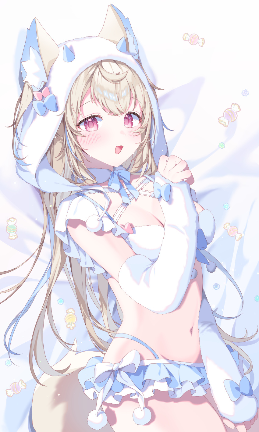 :3 :d absurdres animal_ear_fluff animal_ears bed_sheet blonde_hair blue_hair blue_panties blush bow bra breasts choker cleavage colored_inner_hair commentary_request crossed_bangs dog_ears dog_girl dog_tail double-parted_bangs fake_horns female frilled_bra frilled_skirt frills fur_bra fur_choker fur_hood fuwawa_abyssgard hair_between_eyes hand_up highleg highleg_panties highres hololive hololive_english horns kio_is_here knees_out_of_frame long_hair looking_at_viewer lying medium_breasts microskirt miniskirt multi-strapped_bra multicolored_hair navel on_back panties pink_eyes pom_pom_(clothes) skirt smile solo stomach streaked_hair tail two_side_up underwear virtual_youtuber waist_bow white_arm_warmers white_bow white_bra white_choker white_hood