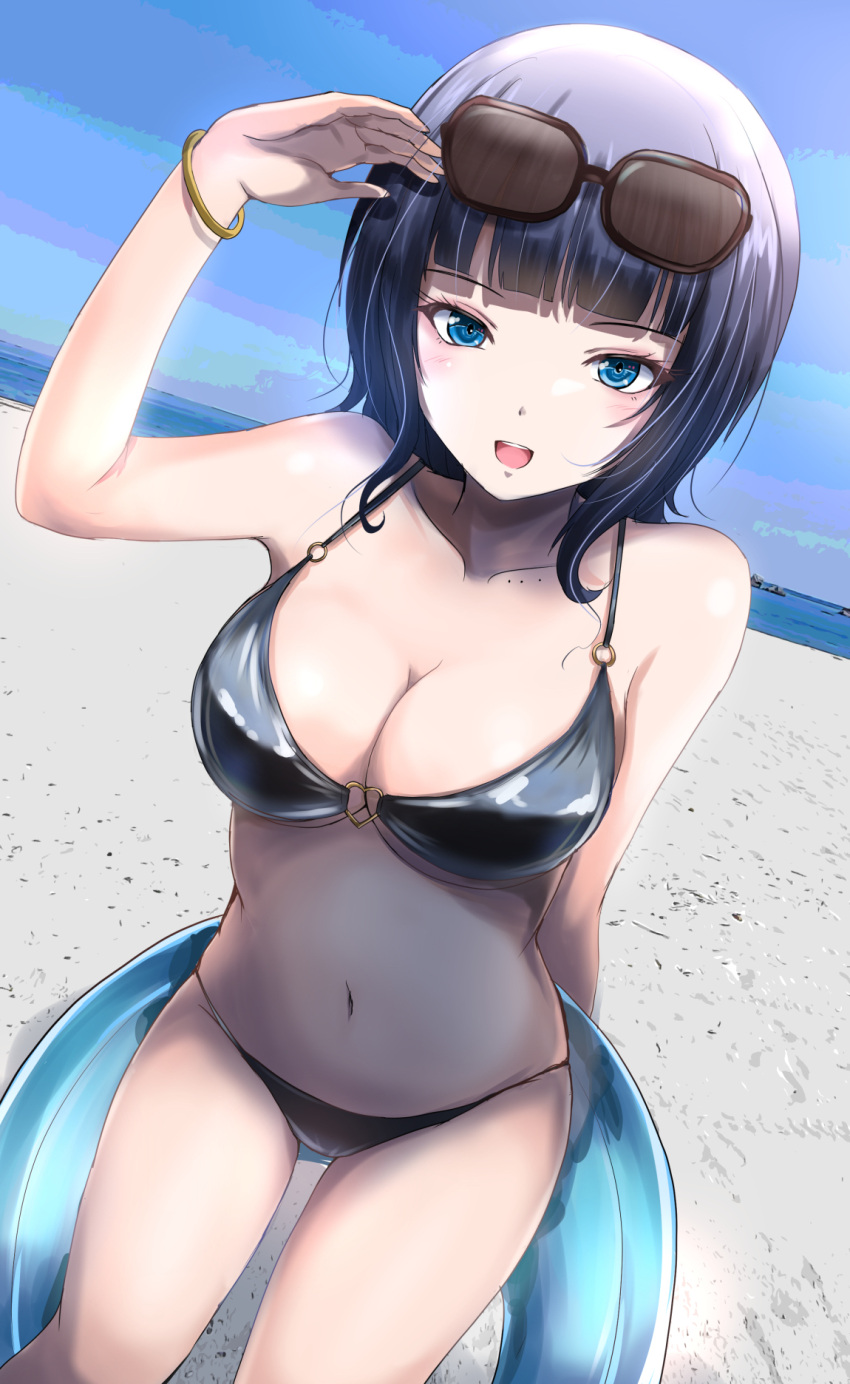 asaka_karin beach bikini black_bikini blue_eyes blue_hair blue_innertube blue_sky blunt_bangs blush bracelet breasts c-wing cleavage collarbone commentary_request dutch_angle eyewear_on_head female hand_up highres holding holding_swim_ring jewelry leaning looking_at_viewer love_live! love_live!_nijigasaki_high_school_idol_club medium_breasts medium_hair mole mole_on_collarbone navel outdoors sky solo standing stomach sunglasses swim_ring swimsuit upper_body