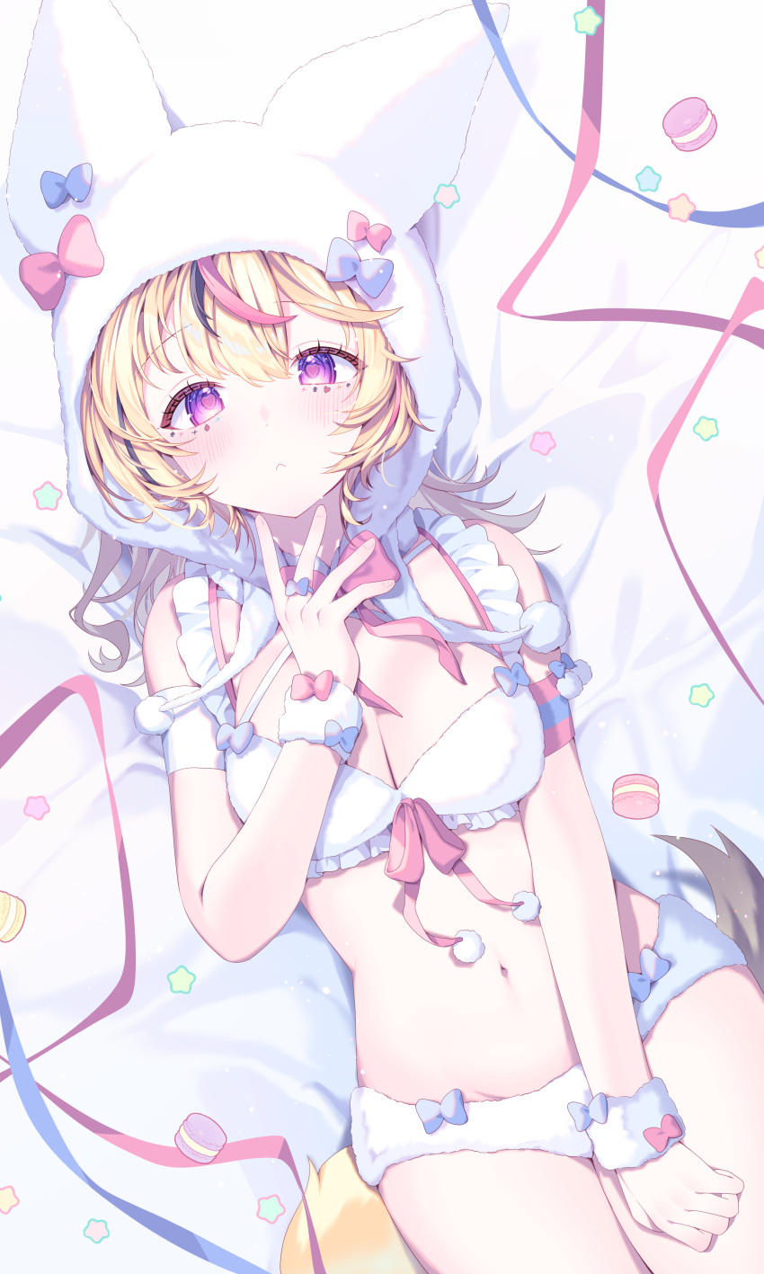 absurdres alternate_costume animal_ears arm_strap bed_sheet black_hair blonde_hair blush bow bowtie bra breasts cleavage commentary_request criss-cross_halter facial_mark female fox_ears fox_girl fox_tail frilled_bra frills fur_bra fur_hood fur_panties fur_wrist_cuffs halterneck hand_up heart heart-shaped_pupils highres hololive hood hood_up kio_is_here knees_out_of_frame looking_at_viewer lying medium_breasts multi-strapped_bra multicolored_hair navel omaru_polka on_back panties pink_bow pink_bowtie pink_hair purple_eyes short_hair solo stomach streaked_hair symbol-shaped_pupils tail underwear underwear_only virtual_youtuber white_bra white_hood white_panties