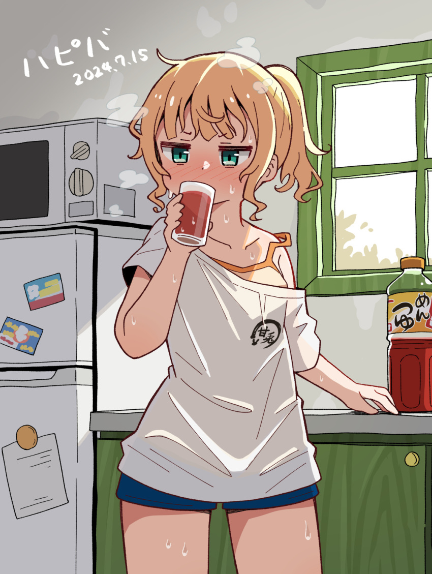 aqua_eyes blonde_hair blue_shorts commentary cowboy_shot cup dated female glass gochuumon_wa_usagi_desu_ka? happy_birthday highres holding holding_cup hot indoors kirima_syaro microwave mohei off-shoulder_shirt off_shoulder plastic_bottle refrigerator shirt short_hair short_ponytail short_shorts short_sleeves shorts single_bare_shoulder solo strap_slip sweat wavy_hair white_shirt window