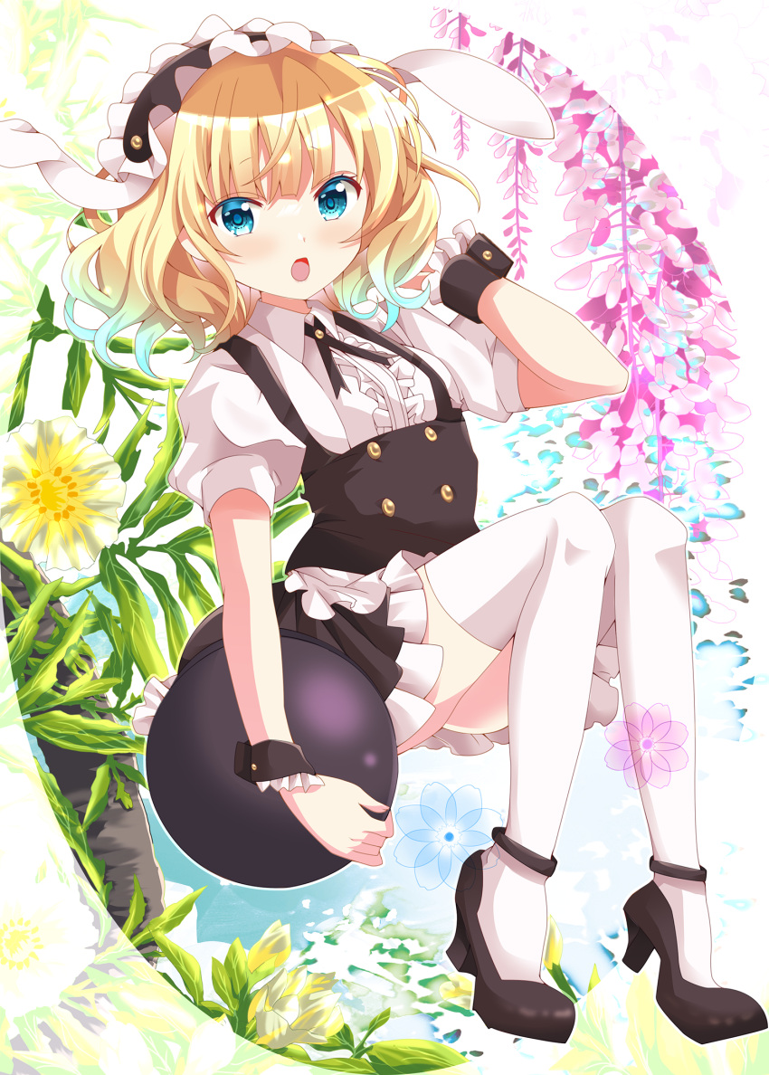 :o aqua_eyes aqua_hair bare_arms black_footwear blonde_hair blunt_bangs blush center_frills commentary female fleur_de_lapin_uniform frilled_skirt frills full_body gochuumon_wa_usagi_desu_ka? gradient_hair hand_up high_heels highres holding holding_tray kirima_syaro kohakugin looking_at_viewer medium_hair multicolored_hair open_mouth puffy_short_sleeves puffy_sleeves shoes short_sleeves skirt solo thighhighs tray wavy_hair white_thighhighs wing_collar wrist_cuffs zettai_ryouiki