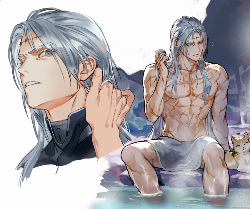 1boy calcharo_(wuthering_waves) feline grey_eyes hand_in_own_hair hand_up highres long_hair looking_at_viewer looking_to_the_side male_focus muehe multiple_views onsen parted_lips scar sitting spread_legs teeth toned toned_male topless_male towel_on_legs upper_teeth_only white_hair wuthering_waves