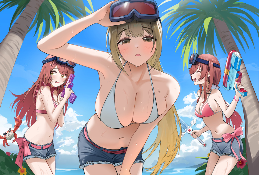 3girls :o ^_^ absurdres alstroemeria_(idolmaster) armpits bikini bikini_top_only blush breasts brown_hair cleavage closed_eyes collarbone crab denim denim_shorts goggles goggles_on_head highres holding holding_water_gun idolmaster idolmaster_shiny_colors kuwayama_chiyuki large_breasts long_hair looking_at_viewer medium_breasts multiple_girls navel osaki_amana osaki_tenka outdoors palm_tree pdal_(pdalhhh) ponytail profile red_bikini red_hair short_shorts shorts siblings sisters stomach swimsuit tree twins very_long_hair water_gun white_bikini