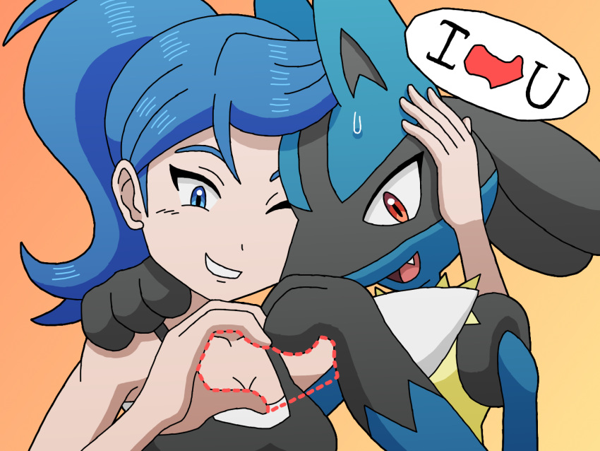 2024 4:3 ambiguous_gender anthro bailey_(knight-of-syrinx) blue_body blue_eyes blue_fur blue_hair bodily_fluids digital_media_(artwork) duo english_text female fur generation_4_pokemon hair human knight-of-syrinx love lucario mammal nintendo orange_eyes pokemon pokemon_(species) smile sweat teeth text tongue