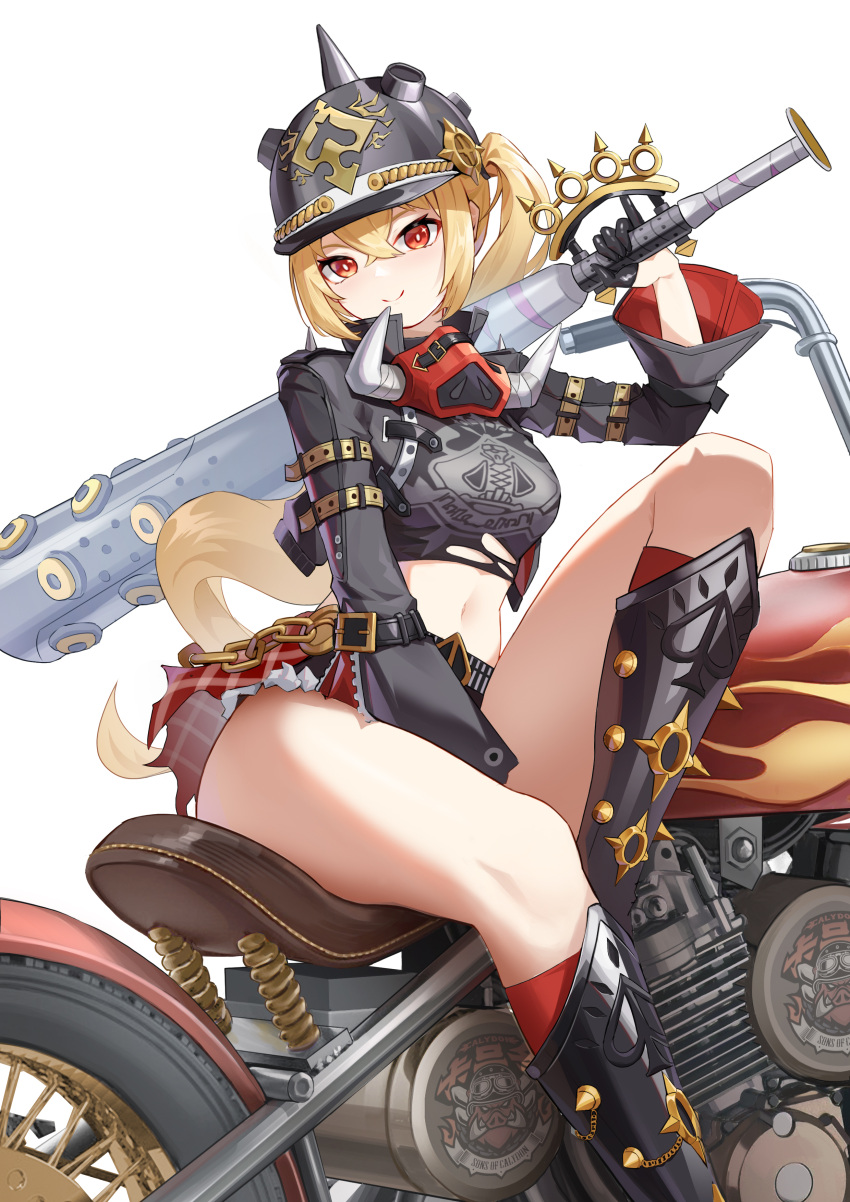 absurdres baseball_bat blonde_hair breasts closed_mouth female gloves hair_between_eyes half_gloves helmet highres holding holding_baseball_bat looking_at_viewer lord-erica luciana_de_montefio mask medium_breasts midriff navel on_motorcycle pickelhaube red_eyes shirt side_ponytail sitting smile solo thighs torn_clothes torn_shirt unworn_mask white_background zenless_zone_zero