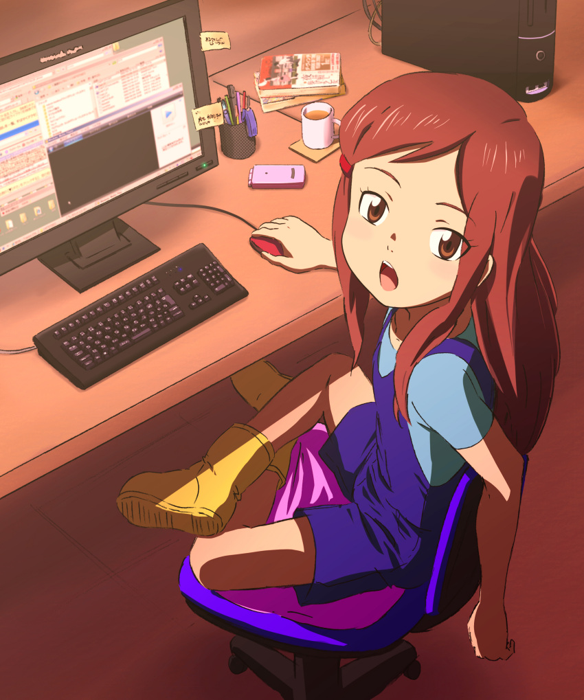 absurdres bad_id bad_pixiv_id book boots brown_eyes brown_hair cellphone chair computer computer_keyboard computer_mouse cup female from_behind fukuchi_kazuhiro hair_ornament hairclip higashi_no_eden highres indian_style katsuhara_mikuru looking_back looking_up on_chair open_mouth overalls pen phone shorts sitting solo