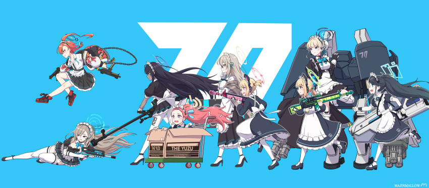 6+girls absurdres ahoge akane_(blue_archive) animal_ear_headphones animal_ears apron aris_(blue_archive) aris_(maid)_(blue_archive) artist_name assault_rifle asuna_(blue_archive) back_bow battle_rifle black_choker black_footwear black_gloves black_hair black_halo black_skirt black_wristband blonde_hair blue_archive blue_background blue_bow blue_bowtie blue_eyes blue_halo blue_necktie boots borrowed_clothes bow bowtie box boys_anti_tank_rifle braid braided_bun breasts brown_eyes brown_shawl bullpup bun_cover cardboard_box cat_ear_headphones cat_tail center_frills chains chest_harness choker cleaning_&_clearing_(blue_archive) cleavage closed_mouth dark-skinned_female dark_skin detached_collar dual_wielding earpiece earrings elbow_gloves exoskeleton fake_animal_ears famas fingerless_gloves floating_hair forehead french_braid frilled_apron frills game_development_department_(blue_archive) glasses gloves green_eyes green_halo grin gun h&k_g3 hair_bun hair_ribbon hairbow halo harness headphones high_heels highres holding holding_case holding_gun holding_weapon huge_ahoge in_box in_container jacket jewelry juliet_sleeves karin_(blue_archive) knee_boots large_breasts light_brown_hair long_bangs long_hair long_skirt long_sleeves looking_ahead maid maid_apron maid_headdress majinmallow mary_janes mecha midair midori_(blue_archive) midori_(maid)_(blue_archive) mole mole_on_breast mole_under_eye momoi_(blue_archive) momoi_(maid)_(blue_archive) multiple_girls necktie neru_(blue_archive) number_print official_alternate_costume open_clothes open_jacket open_mouth orange_hair pantyhose pink_eyes pink_halo pink_weapon plaid_shawl pleated_skirt ponytail pouch profile puffy_short_sleeves puffy_sleeves purple_eyes purple_halo railgun red_bow red_eyes ribbon rifle robot running scared serious shawl shirt shoes short_hair short_sleeves sig_mpx single_braid single_hair_bun skirt sliding small_breasts smile sneakers standing stud_earrings submachine_gun sukajan tactical_maid tail thigh_strap thighhighs toki_(blue_archive) twintails unconventional_maid undone_necktie waist_apron walking wavy_mouth weapon white_apron white_bow white_footwear white_gloves white_pantyhose white_shirt white_thighhighs yellow_eyes yellow_halo yuzu_(blue_archive) yuzu_(maid)_(blue_archive)