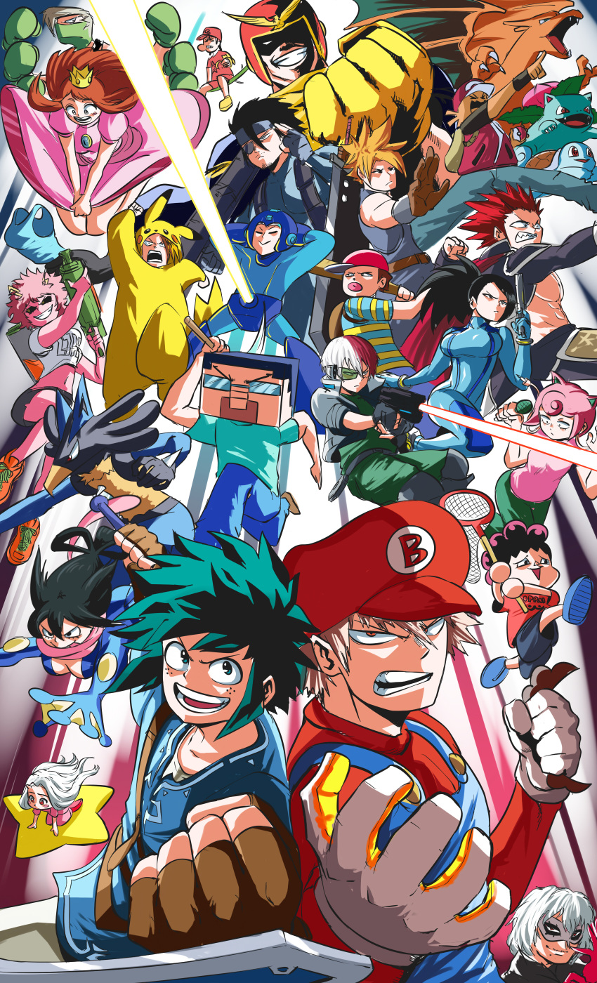 6+boys 6+girls absurdres all_might amamiya_ren amamiya_ren_(cosplay) animal_crossing annotated aoyama_yuuga ashido_mina asui_tsuyu bakugou_katsuki baseball_bat baseball_cap black_hair blue_overalls boku_no_hero_academia box_body buster_sword butterfly_net captain_falcon captain_falcon_(cosplay) champion's_tunic_(zelda) charizard clenched_hand cloud_strife cloud_strife_(cosplay) colored_skin cosplay crossover diddy_kong diddy_kong_(cosplay) donkey_kong_(series) donkey_kong_country english_commentary eraser_head_(boku_no_hero_academia) eri_(boku_no_hero_academia) everyone f-zero final_fantasy final_fantasy_vii floating fox_mccloud fox_mccloud_(cosplay) freckles ganondorf ganondorf_(cosplay) greninja greninja_(cosplay) gun hagakure_tooru hand_net handgun hat highres holding holding_baseball_bat holding_butterfly_net holding_gun holding_poke_ball holding_weapon horns iida_tenya inkling_player_character inkling_player_character_(cosplay) invisible ivysaur jigglypuff jigglypuff_(cosplay) jirou_kyouka kaminari_denki kirby kirby_(cosplay) kirby_(series) kirishima_eijirou kouda_kouji link link_(cosplay) little_mac little_mac_(cosplay) long_hair lucario lucario_(cosplay) mario mario_(cosplay) mario_(series) mega_man_(character) mega_man_(character)_(cosplay) mega_man_(classic) mega_man_(series) metal_gear_(series) metroid microphone midoriya_izuku minecraft minecraft_pickaxe mineta_minoru mother_(game) mother_2 multiple_boys multiple_crossover multiple_girls ness_(mother_2) ness_(mother_2)_(cosplay) ojiro_mashirao onesie open_hand open_mouth oppai_hoodie overalls paralyzer persona persona_5 pikachu pikachu_(cosplay) pikachu_costume pink_skin poke_ball poke_ball_(basic) pokemon pokemon_(creature) pokemon_(game) pokemon_ears princess_peach princess_peach_(cosplay) punch-out!! red_(pokemon) red_(pokemon)_(cosplay) red_hair red_headwear samus_aran samus_aran_(cosplay) satou_rikidou sero_hanta shigaraki_tomura short_hair shouji_mezou single_horn solid_snake solid_snake_(cosplay) splatoon_(series) squirtle star_(symbol) star_fox steve_(minecraft) steve_(minecraft)_(cosplay) super_smash_bros. sword the_legend_of_zelda the_legend_of_zelda:_breath_of_the_wild thick_lips tina_fate todoroki_shouto tokoyami_fumikage uraraka_ochako villager_(animal_crossing) villager_(animal_crossing)_(cosplay) warp_star weapon white_hair wii_fit wii_fit_trainer wii_fit_trainer_(female) wii_fit_trainer_(female)_(cosplay) yaoyorozu_momo zero_suit