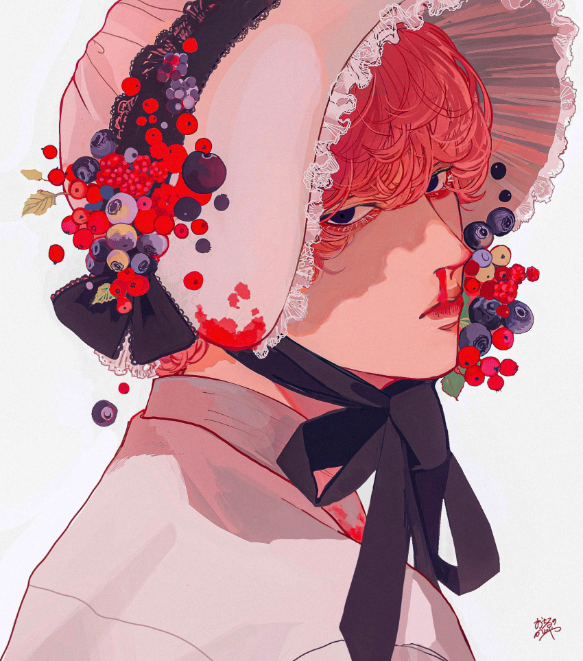 1boy berry black_eyes black_ribbon blackberry_(fruit) blood blueberry bonnet closed_mouth collared_shirt crossdressing currant english_commentary food frilled_hat frills from_behind fruit fruit_hat_ornament hat hat_ribbon highres kagoya1219 lace lace-trimmed_headwear lace_trim leaf looking_at_viewer looking_back male_focus nosebleed original pink_hat pink_shirt portrait raspberry red_hair ribbon shadow shirt short_hair signature simple_background solo white_background