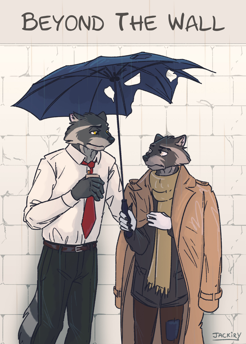 absurd_res cigarette detective duo fanfiction hi_res howard_lotor jackiry larry_(tails_noir) male male/male mammal procyonid raccoon raining smoking tails_noir umbrella worried