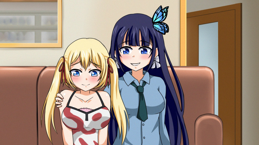 2girls akizuki_airi akizuki_airi_(cosplay) aoi_nabi arm_around_shoulder black_hair blonde_hair blue_eyes butterfly_hair_ornament chira573 collarbone commentary cosplay couch hair_ornament highres hololive hololive_english indie_virtual_youtuber indoors long_hair multiple_girls oni_chichi open_mouth parody shirt smile symbol-only_commentary virtual_youtuber watson_amelia