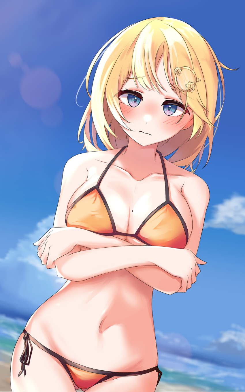 absurdres arms_under_breasts ass_visible_through_thighs beach bikini blonde_hair blue_eyes blue_sky blurry blush bob_cut bokeh breasts chillout_tang cleavage cloud crossed_arms day depth_of_field dutch_angle female groin hair_ornament halterneck highres hololive hololive_english large_breasts looking_at_viewer medium_hair mole mole_on_breast navel orange_bikini outdoors side-tie_bikini_bottom skindentation sky solo string_bikini swimsuit thigh_gap thighs virtual_youtuber watson_amelia