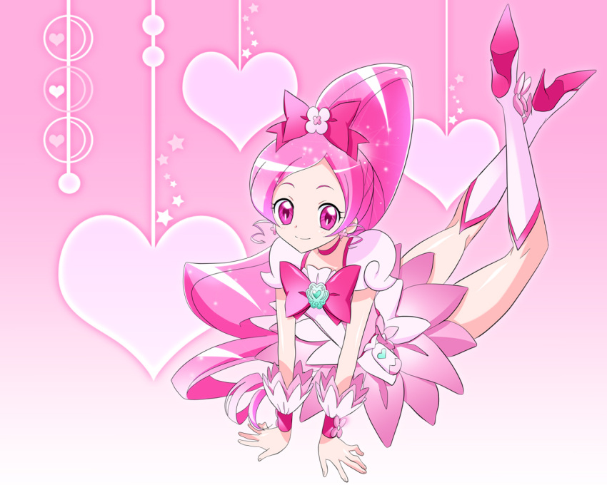 anko_koubou boots bow brooch choker cure_blossom eyelashes female hanasaki_tsubomi heart heart_brooch heartcatch_precure! high_ponytail jewelry knee_boots long_hair magical_girl photoshop_(medium) pink_background pink_bow pink_choker pink_eyes pink_hair pink_theme ponytail precure smile solo very_long_hair