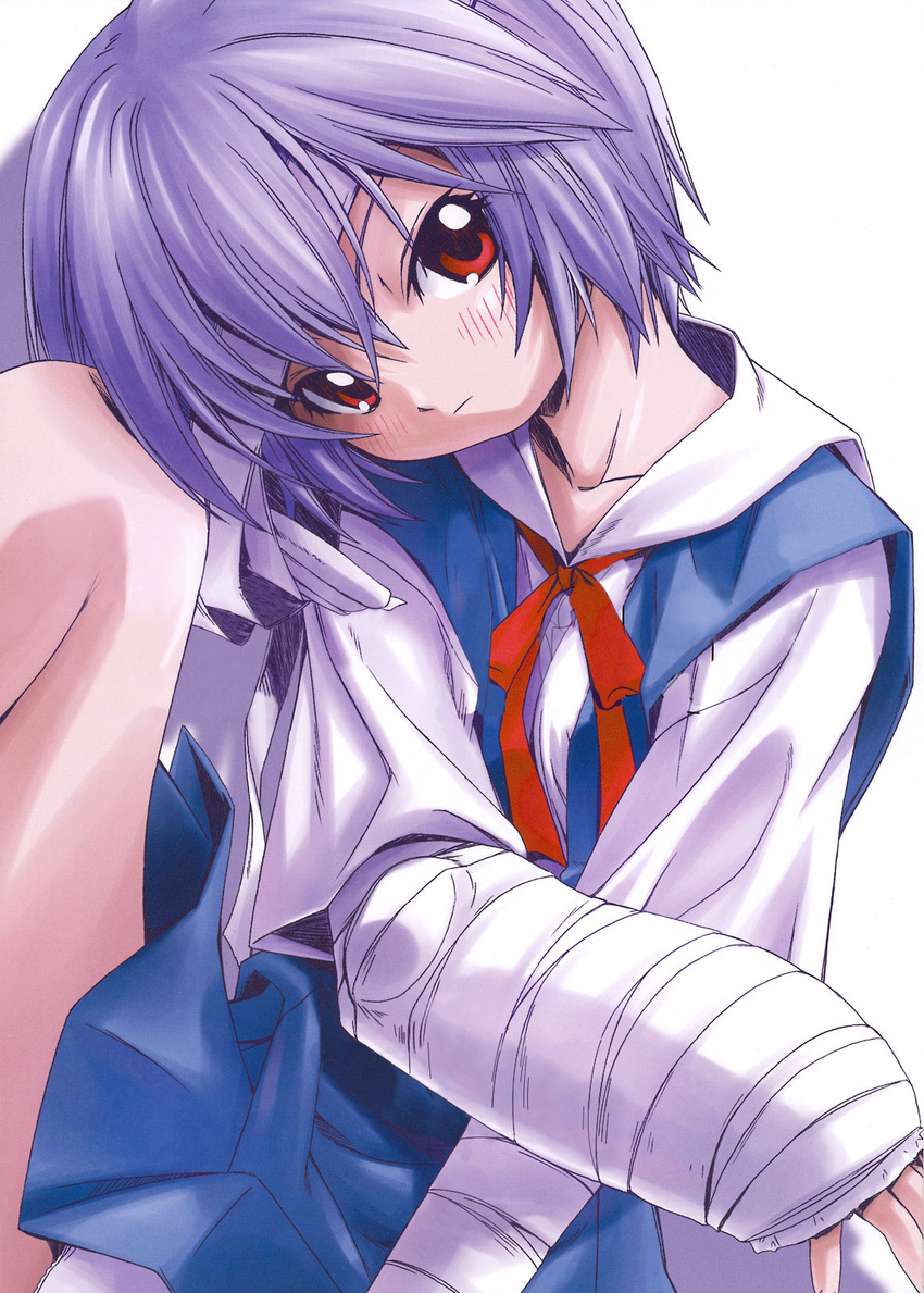 ayanami_rei bandages blue_hair blush female head_tilt highres neon_genesis_evangelion non-web_source red_eyes school_uniform short_hair sitting solo yoshinaga_eikichi