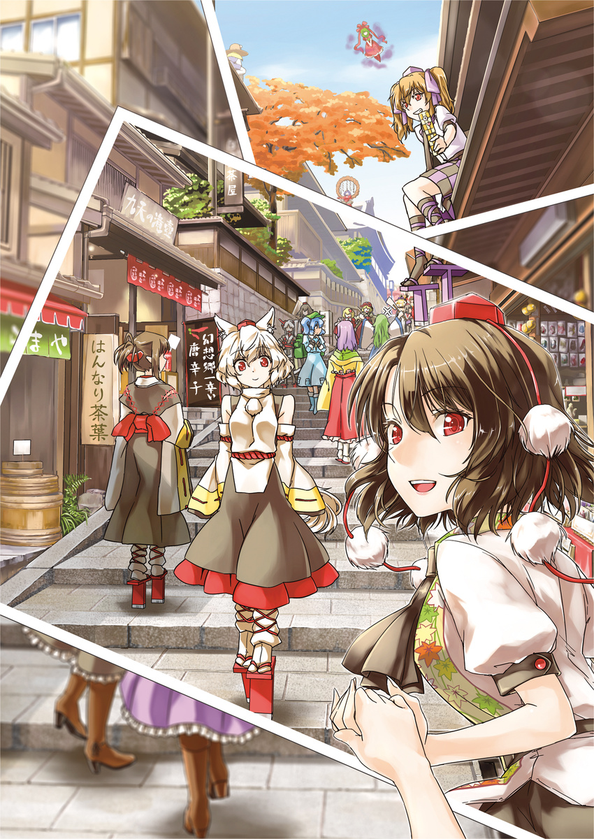 6+girls abo_(hechouchou) aki_minoriko aki_shizuha anger_vein animal_ears architecture backpack bag black_hair blonde_hair boots bow breasts brown_hair cellphone checkered commentary_request crow_tengu_extra_(touhou) daitengu_(abo) detached_sleeves dress east_asian_architecture flying fourth_wall geta gohei green_hair grin hair_ornament hairbow hakurei_reimu hat hieda_no_akyuu highres himekaidou_hatate holding_hands inubashiri_momiji japanese_clothes kagiyama_hina kawashiro_nitori kirisame_marisa kochiya_sanae kourindou_tengu_costume kyoto long_hair looking_at_viewer maribel_hearn medium_breasts moriya_suwako multiple_girls necktie onbashira open_mouth original out_of_frame phone photoshop_(medium) pocket ponytail pov pov_hands puffy_sleeves purple_hair real_world_location red_eyes revision sannenzaka shameimaru_aya short_hair sitting skirt smile stairs tabi tail tengu-geta tokin_hat touhou two_side_up usami_renko white_hair wide_sleeves wolf_ears wolf_tail wolf_tengu_extra_(touhou) yasaka_kanako