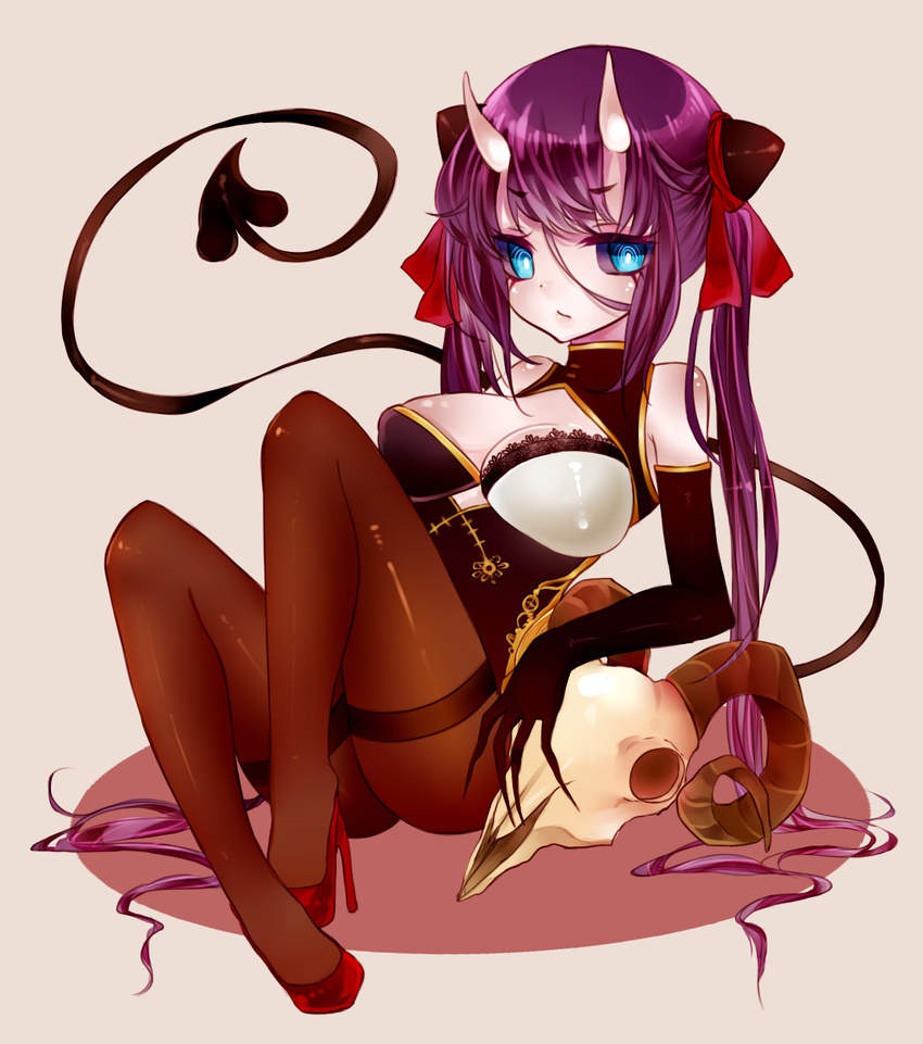 animal_skull black_sclera blue_eyes breasts china_dress chinese_clothes cleavage dress female female guiyu_(cindy) high_heels horns monster_girl original purple_hair ribbon salmon_cat sitting skull solo tail