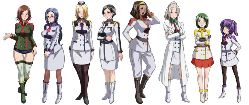 6+girls :< :d adjusting_hair ankle_boots aoi_cameron armband ascot belt black_eyes black_hair black_legwear blonde_hair blue_eyes blue_hair blush boots breasts breasts_squeezed_together brown_hair brown_legwear butcha-u buttons clipboard commentary_request crossed_arms crossed_legs curvy dark-skinned_female dark_skin doctor earrings flat_chest garrison_cap glasses green_eyes green_hair green_legwear grey_eyes hair_ornament hair_over_one_eye hairband hairclip hand_on_own_hip hat height_difference high_collar high_heels holding injuu_kangoku jewelry knee_boots kneehighs lab_coat large_breasts light_smile lineup lipstick lissa_weaver liz_glover long_hair looking_at_viewer makeup mako_scott mature_female mina_mctiernan miniskirt mole mole_under_eye multiple_girls necktie nurse official_art open_clothes open_mouth outstretched_hand pants pantyhose pencil_skirt photoshop_(medium) pleated_skirt ponytail purple_eyes purple_hair rail_schwartz reiko_amamiya semi-rimless_eyewear shoes short_hair short_shorts short_twintails shorts sigourney_fincher silver_hair simple_background skirt smile socks spiked_hair standing swept_bangs thigh_gap thighhighs twintails under-rim_eyewear uniform v_arms white_background wide_hips