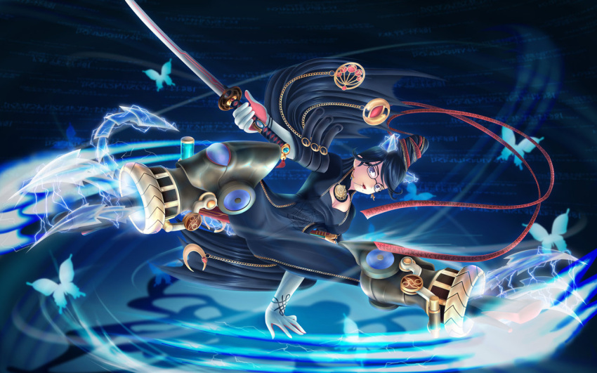 amulet bayonetta bayonetta_(series) bayonetta_1 black_hair blue_eyes bodysuit breakdance bug butterfly candy commentary durga earrings elbow_gloves electricity english_commentary food glasses gloves hair_bun hair_ribbon horns jewelry lollipop long_hair maxwindy mole ribbon shuraba single_hair_bun solo sword tail weapon