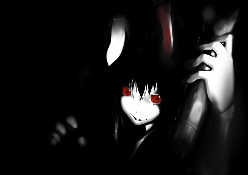 animal_ears commentary_request dark female grin horrified kokonoe_shuu long_hair monochrome photoshop_(medium) rabbit_ears red_eyes reisen_udongein_inaba smile solo touhou