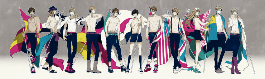 6+boys abs america_(hetalia) animal axis_powers_hetalia bad_id bad_pixiv_id belarus_(hetalia) belt black_hair blonde_hair blowing_bubbles boots brown_hair candy canine chewing_gum cross cross_necklace fairy female finland_(hetalia) flag food france_(hetalia) germany_(hetalia) hair_ribbon hana-tamago high_heels highres japan_(hetalia) jewelry long_hair multiple_boys necklace northern_italy_(hetalia) odd_one_out pectorals prussia_(hetalia) puppy ribbon sandals shoes short_hair skirt sneakers socks spain_(hetalia) suspenders sweden_(hetalia) swedish_flag topless topless_male united_kingdom_(hetalia) yasuhiro