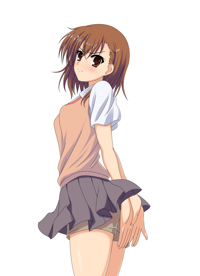 absurdres brown_eyes brown_hair commentary_request covering_ass covering_privates female highres looking_back misaka_mikoto photoshop_(medium) school_uniform shindou_shuuji short_hair shorts solo summer_uniform sweater_vest toaru_kagaku_no_railgun toaru_majutsu_no_index tokiwadai_school_uniform