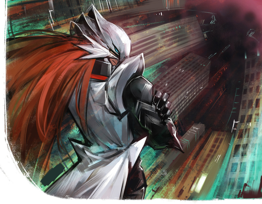 1boy black_gloves blue_eyes border brown_hair city coat crossed_arms disutihada duel_monster from_behind gloves highres kaibaman long_hair long_sleeves male_focus mask night outdoors solo white_border white_coat white_mask yu-gi-oh!