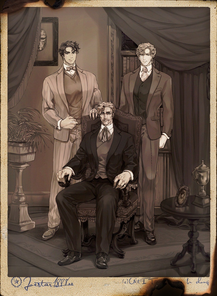 3boys bookshelf bow bowtie chair closed_mouth commentary_request dio_brando facial_hair father_and_son formal george_joestar highres jacket jojo_no_kimyou_na_bouken jonathan_joestar long_sleeves looking_at_viewer male_focus meng_bu_chong moustache multiple_boys muscular muscular_male necktie old old_man phantom_blood photo_(object) plant shirt shoes short_hair sitting smile standing stone_mask_(jojo) suit traditional_bowtie wrinkled_skin