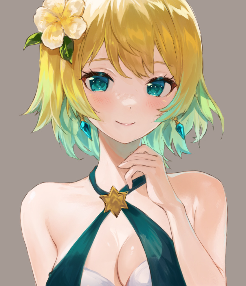 bikini blonde_hair breasts cleavage criss-cross_halter earrings female fire_emblem fire_emblem_heroes fjorm_(fire_emblem) fjorm_(summer)_(fire_emblem) flower green_bikini green_eyes green_hair grey_background hair_flower hair_ornament halterneck hand_up highres jewelry jurge multicolored_hair official_alternate_costume short_hair simple_background solo swimsuit upper_body yellow_flower