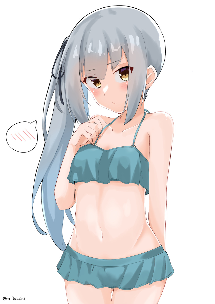 absurdres bare_shoulders bikini brown_eyes collarbone commentary_request cowboy_shot female frilled_bikini frills green_bikini grey_hair grey_ribbon hair_ribbon highres kantai_collection kasumi_(kancolle) kasumi_kai_ni_(swimsuit_mode)_(kancolle) long_hair looking_at_viewer official_alternate_costume osmium-76 ribbon side_ponytail simple_background solo spoken_blush swimsuit twitter_username white_background