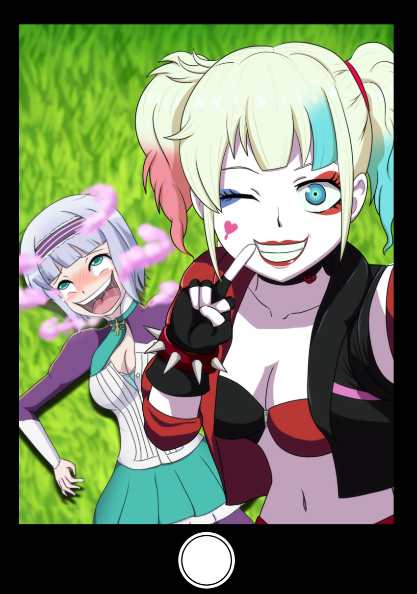 2girls ahe_gao asatuyu13 blonde_hair blue_eyes blue_eyeshadow bracelet breasts cleavage collarbone dc_comics eyeshadow fingerless_gloves gloves harley_quinn highres isekai_wa_smartphone_to_tomo_ni. jacket jewelry linse_shileska looking_at_viewer low_twintails makeup multicolored_clothes multicolored_hair multiple_girls red_eyeshadow red_lips selfie smile spiked_bracelet spikes suicide_squad suicide_squad_isekai twintails