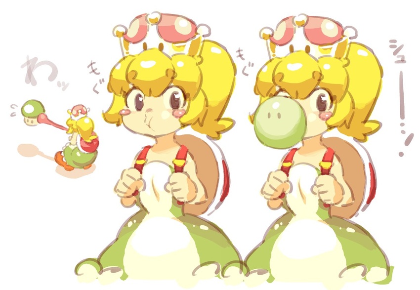 1-up_mushroom 1up backpack bag blowing_bubbles blush_stickers boots chewing_gum commentary_request dress female ireading long_tongue mario_(series) mushroom new_super_mario_bros._u_deluxe orange_footwear ponytail princess_yoshi sleeveless super_crown tongue