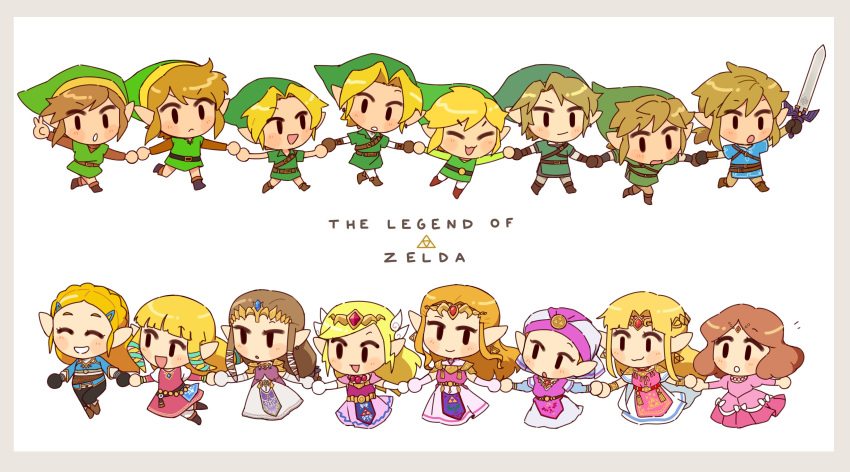 6+boys 6+girls absurdres belt blonde_hair blue_eyes blue_shirt bracelet brown_hair champion's_tunic_(zelda) chibi earrings elbow_gloves gloves gummy_(puffaluficus) hair_tubes highres holding_hands jewelry link master_sword multiple_boys multiple_girls multiple_persona open_mouth pointy_ears princess_zelda shirt smile the_legend_of_zelda the_legend_of_zelda:_a_link_between_worlds the_legend_of_zelda:_a_link_to_the_past the_legend_of_zelda:_breath_of_the_wild the_legend_of_zelda:_ocarina_of_time the_legend_of_zelda:_skyward_sword the_legend_of_zelda:_the_wind_waker the_legend_of_zelda:_twilight_princess tiara toon_link toon_zelda triforce triforce_earrings tunic young_link young_zelda