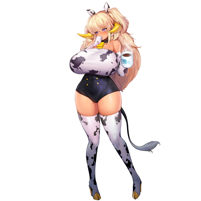 animal_ears animal_print blonde_hair blush boots breasts chocolate_milk cleavage covered_nipples cow_ears cow_girl cow_print cow_tail cup dark_elf dark_elven_forest_ranger elbow_gloves elf english_text female full_body game_cg gloves gyaru hair_between_eyes highres horns huge_breasts kogal last_origin long_hair mug mug_writing navel official_alternate_costume official_art one-piece_swimsuit pointy_ears purple_eyes snowball22 solo swimsuit tachi-e tail thick_thighs thigh_boots thighhighs thighs third-party_source transparent_background two_side_up white_thighhighs wide_hips