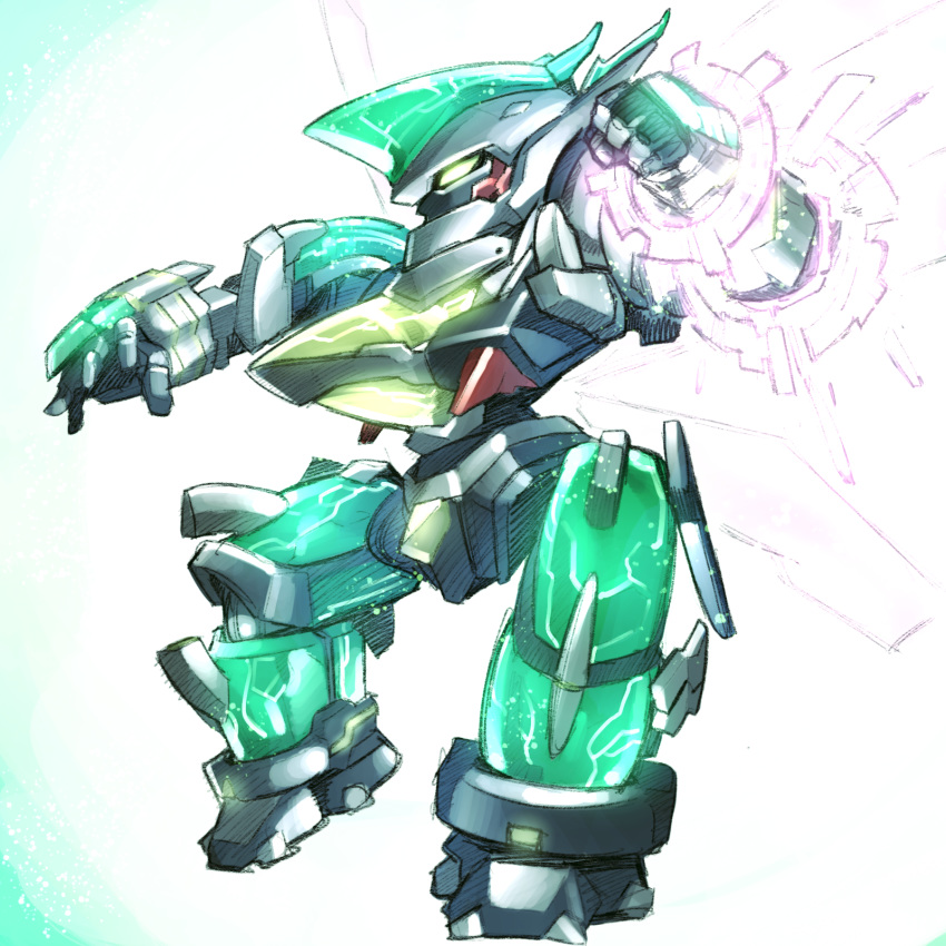 clenched_hand commentary_request glowing glowing_eyes green_eyes highres ishiyumi looking_away mecha no_humans robot solo zegapain zegapain_altair