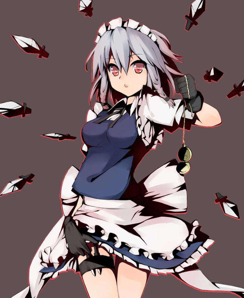 braid commentary_request female grey_hair haguruma highres izayoi_sakuya knife maid red_eyes short_hair solo touhou twin_braids