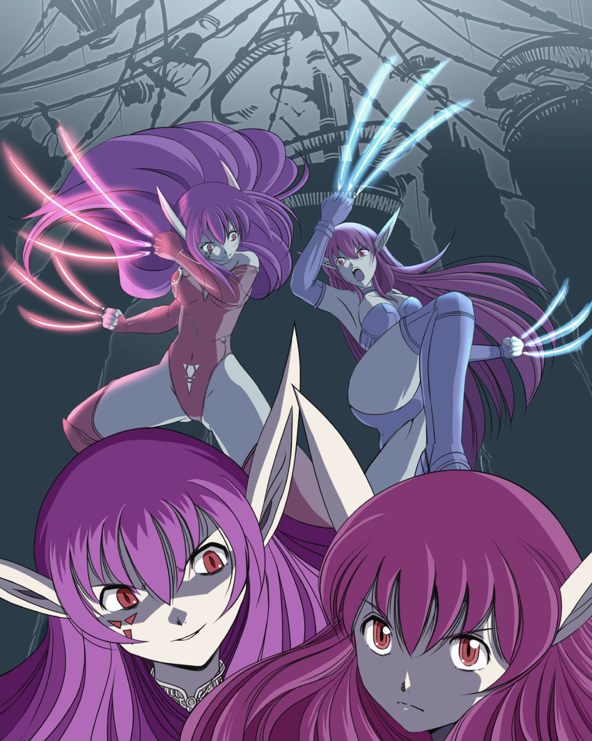 2girls angry battle boots claw_(weapon) claws commentary_request duel energy_blade facial_mark fangs highres laboratory leotard long_hair machinery multiple_girls nei neifirst phantasy_star phantasy_star_ii pointy_ears purple_footwear purple_hair purple_leotard route_36 science_fiction siblings spoilers thigh_boots thighhighs weapon