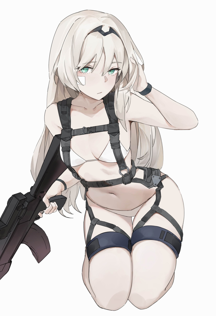 absurdres an-94 an-94_(girls'_frontline) aqua_eyes assault_rifle black_hairband blonde_hair blush bra breasts closed_mouth collarbone coteri english_commentary female full_body girls'_frontline gun hairband highres holding long_hair looking_at_viewer navel panties rifle small_breasts solo stomach underwear weapon white_bra white_panties