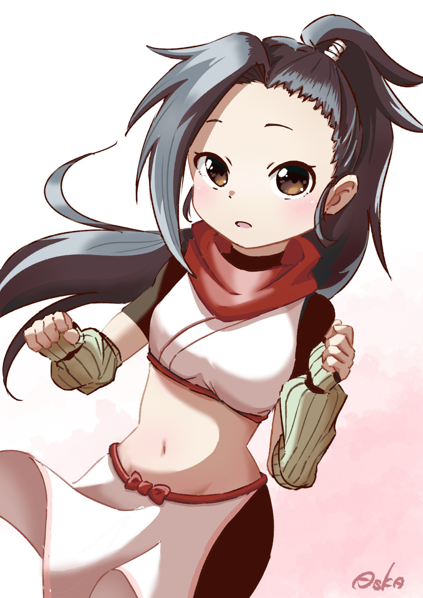 absurdres arm_warmers artist_name asuka_(pixiv82529874) bike_shorts black_hair brown_eyes commentary_request female gradient_background high_ponytail highres kunoichi_tsubaki_no_mune_no_uchi midriff navel neck_warmer ninja partial_commentary pink_background solo tsubaki_(kunoichi_tsubaki_no_mune_no_uchi) white_background