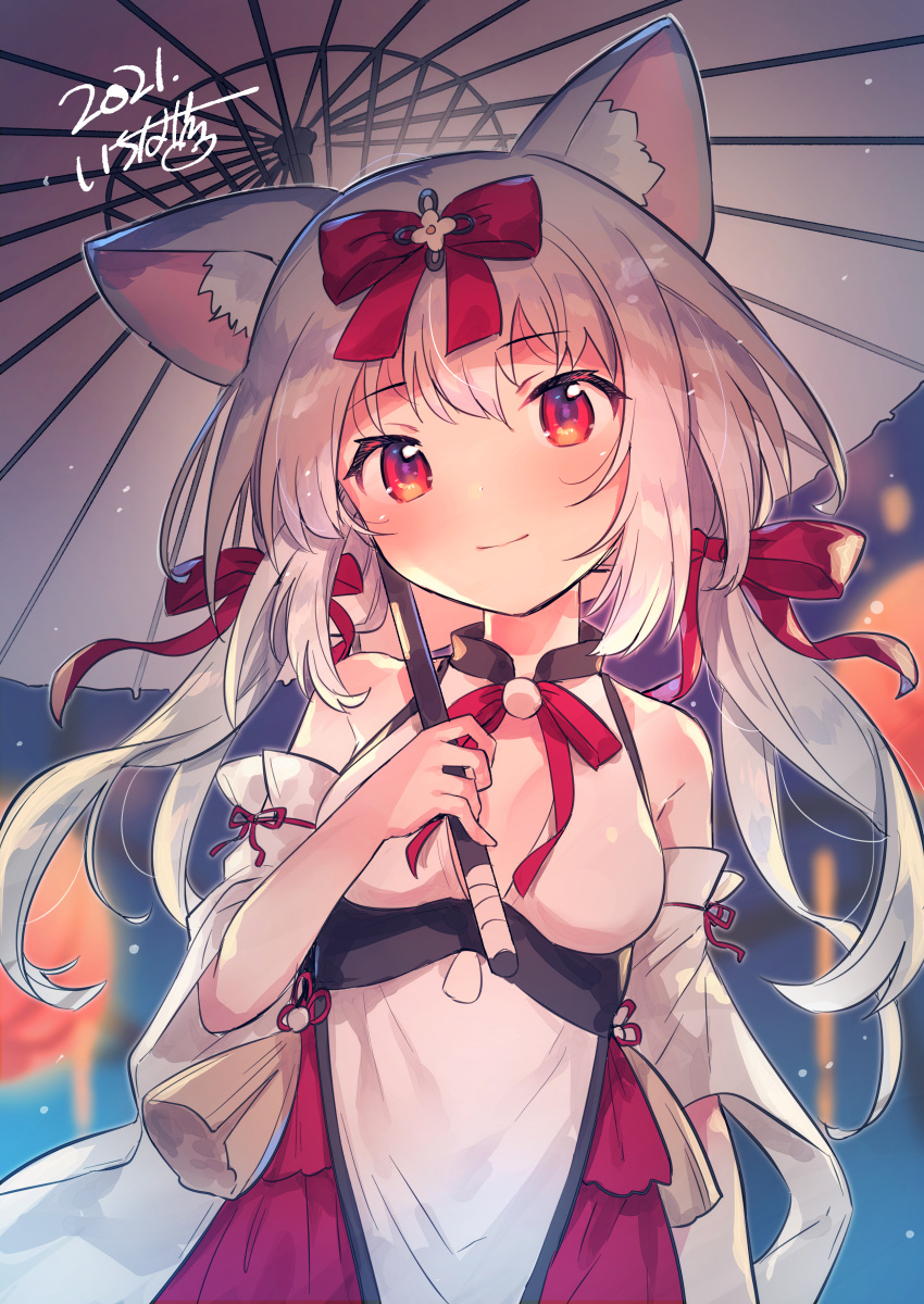 absurdres animal_ear_fluff animal_ears azur_lane bare_shoulders blurry blurry_background bow breasts closed_mouth cloud commentary_request depth_of_field female grey_hair grey_umbrella hair_between_eyes hairbow highres holding holding_umbrella ichihaya long_hair long_sleeves looking_at_viewer low_twintails medium_breasts night night_sky outdoors red_bow red_skirt signature skirt sky smile solo twintails umbrella white_sleeves wide_sleeves yukikaze_(azur_lane)