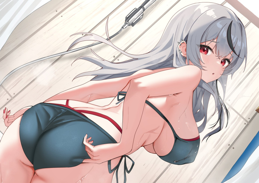 ass back bare_arms bikini black_bikini black_hair blush breasts commentary_request covered_nipples crossed_bangs dutch_angle ear_piercing female grey_hair hair_between_eyes highres hitachi_sou hololive large_breasts layered_bikini long_hair looking_at_viewer multicolored_hair open_mouth piercing red_bikini red_eyes sakamata_chloe shower_(place) side-tie_bikini_bottom sideboob sidelocks solo standing streaked_hair swimsuit two-tone_hair underboob wooden_wall