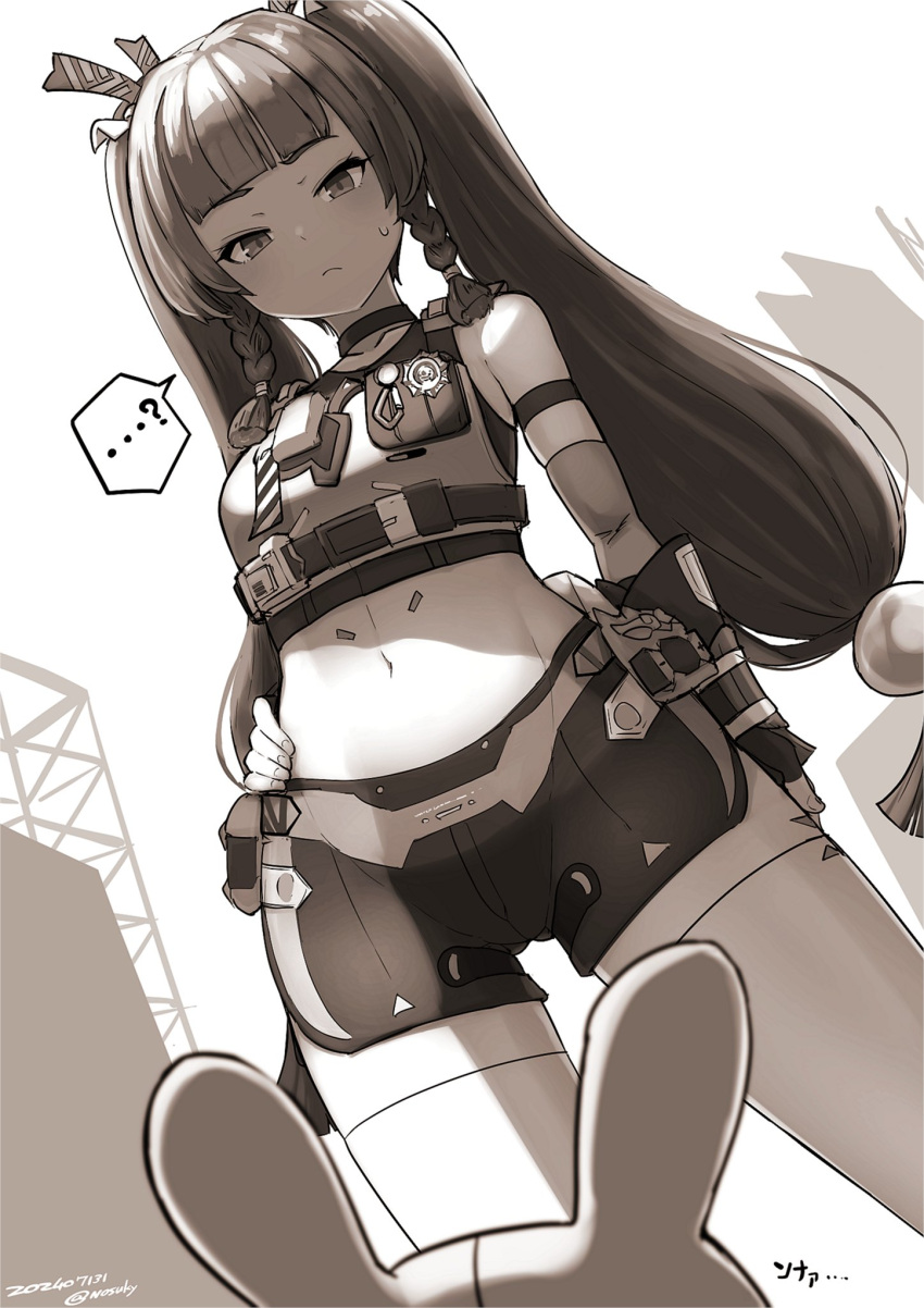 bangboo_(zenless_zone_zero) bare_shoulders belt blunt_bangs braid breasts crop_top elbow_gloves female gloves greyscale highres long_hair midriff monochrome navel nosuku qingyi_(zenless_zone_zero) short_shorts shorts sidelocks sleeveless small_breasts solo_focus thighs twin_braids twintails zenless_zone_zero